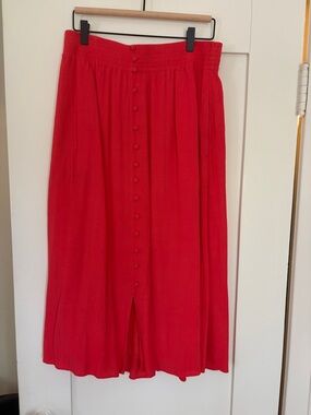 Madewell Red Button-Front Midi Skirt with Smocked Waist